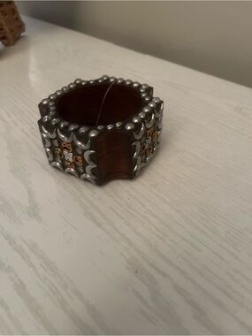 Decorative Brown Wood Cuff Bracelet with silver half moons and decorative flower
